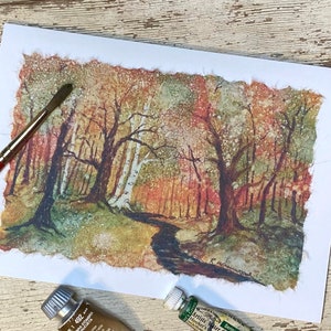 Handmade, Hand-Painted card: "Autumn Path"; 5” x 7” blank inside fall card