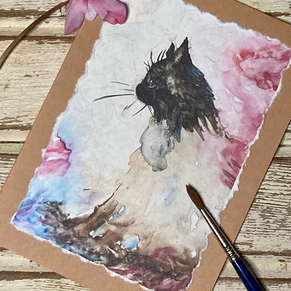 Handmade Card, Hand-painted Watercolor Cat on Yupo
