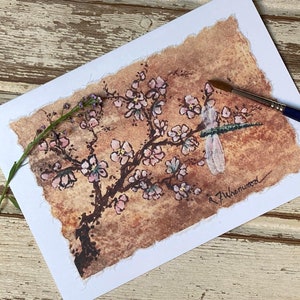 Hand Painted Watercolor Card Peach Blossoms and Dragonfly, handmade image 1
