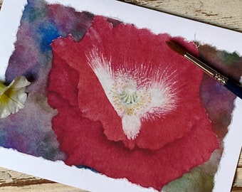 Hand-painted watercolor Poppy, hand made greeting card