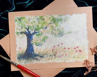 Hand Painted Tree and Wildflowers Card, Handmade