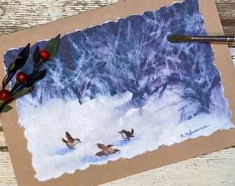 Hand-painted "Winter Wrens" Watercolor Card, Handmade