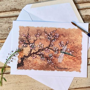 Hand Painted Watercolor Card Peach Blossoms and Dragonfly, handmade image 2