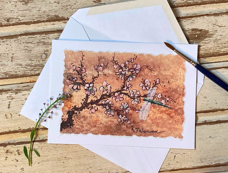 Hand Painted Watercolor Card Peach Blossoms and Dragonfly, handmade image 2