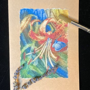 Handmade Tiger Lily & Butterfly Card, Hand-painted watercolor -  Print