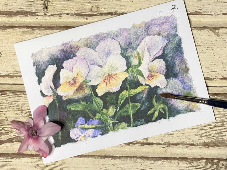 Handmade Card, Pansy Hand-painted Watercolor Print Card # 2 White Card