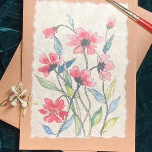 Red Wildflower watercolor handmade card, hand painted - print