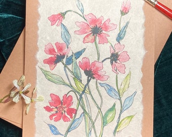 Red Wildflower watercolor handmade card, hand painted - print