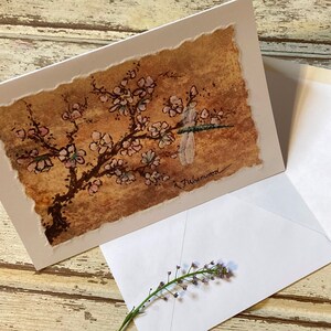 Hand Painted Watercolor Card Peach Blossoms and Dragonfly, handmade image 4