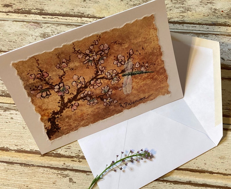 Hand Painted Watercolor Card Peach Blossoms and Dragonfly, handmade image 4