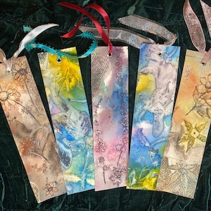 Set of  Bookmarks: Original Watercolor Monoprint, Handmade Bookmarks, Hand Painted, Christmas Gifts, Stocking Stuffers, Holiday Gifts