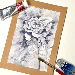 Cartão pintado à mão com rosas pretas e brancas, feito à mão