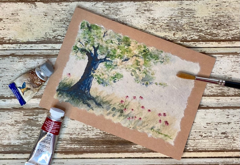 Hand Painted Tree and Wildflowers Card, Handmade image 2