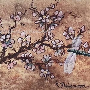 Hand Painted Watercolor Card Peach Blossoms and Dragonfly, handmade image 3