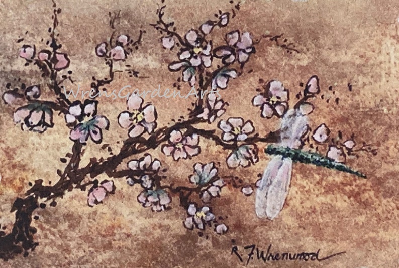 Hand Painted Watercolor Card Peach Blossoms and Dragonfly, handmade image 3