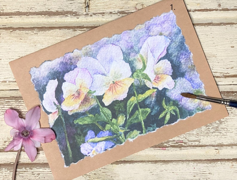 Handmade Card, Pansy Hand-painted Watercolor Print Card # 1 Brownbag