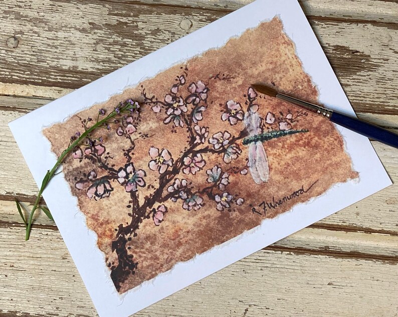 Hand Painted Watercolor Card Peach Blossoms and Dragonfly, handmade image 1