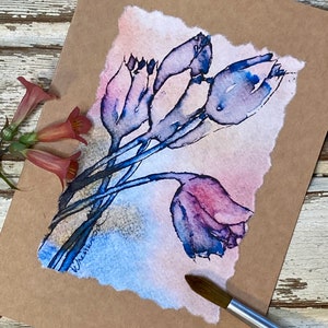Handgemaakte minimalistische kaart 'Lentetulpen', handgeschilderde aquarel - Afdruk