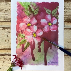 Handmade Wild Rose Card with Dripped Paint, hand-painted