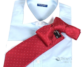 Puede incluir: Una camisa de vestir azul claro con cuello blanco y una corbata roja con estampado. La camisa tiene una etiqueta de marca que dice "Seven Arm New York".
