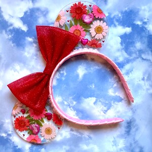 Valentine’s Themed Mouse Ears, Flowers and Hearts Resin Mouse Ears, Resin Mouse Ears Headband