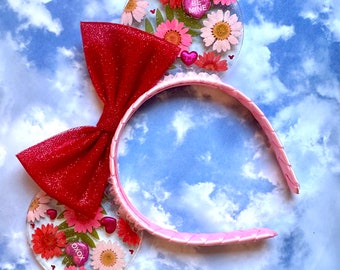 Valentine’s Themed Mouse Ears, Flowers and Hearts Resin Mouse Ears, Resin Mouse Ears Headband