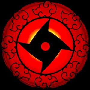 May include: A red circle with a black, four-pointed star in the center. The star has a smaller circle in the center. The circle is surrounded by a black design of stylized clouds.