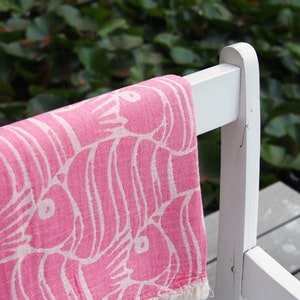 La Jolla Pink Turkish Beach and Bath Towels - Citizens of the Beach Collection - Fish Nautical -  Wedding Bachelorette Party Gift