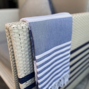 Blue White Striped Turkish Beach Bath Towel - %100 Cotton Absorbent Quick Dry Soft Long Lasting Elegant Pool Gym Yoga Picnic Blanket Throw