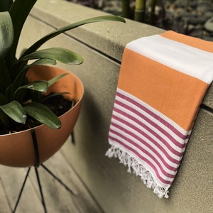 Serviette de bain de plage turque à rayures orange rose - 100 % coton absorbant, séchage rapide, doux, longue durée, élégant, piscine, salle de sport, yoga, pique-nique