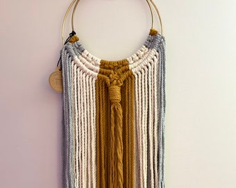 Bohemian Macramé Wall Hanging/Circular Wall Hanging/Mustard/Grey/Shaggy Wall Hanging