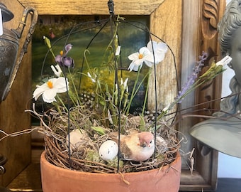 Whimsical Terra Cotta Bird and Floral Planter with Wire Cloche