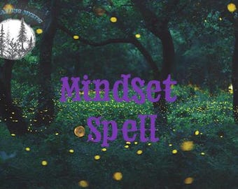 May include: A digital art image of a forest scene at dusk, with the words "Mindset Spell" in purple script. The image includes a circular logo with a tree and moon design, and yellow glowing lights.