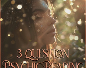 Puede incluir: Una mujer con los ojos cerrados y purpurina en la cara, rodeada de un efecto bokeh de luz. El texto "3 QUESTION PSYCHIC READING" está en la parte inferior de la imagen.
