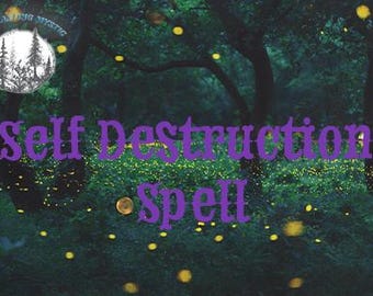 Könnte beinhalten: Ein Bild mit einer Waldszene, das den Text "Self Destruction Spell" in lila Schrift zeigt. Das Bild enthält ein kreisförmiges Logo mit einem Wald- und Monddesign sowie gelbe Kugeln, die über die Szene verstreut sind.