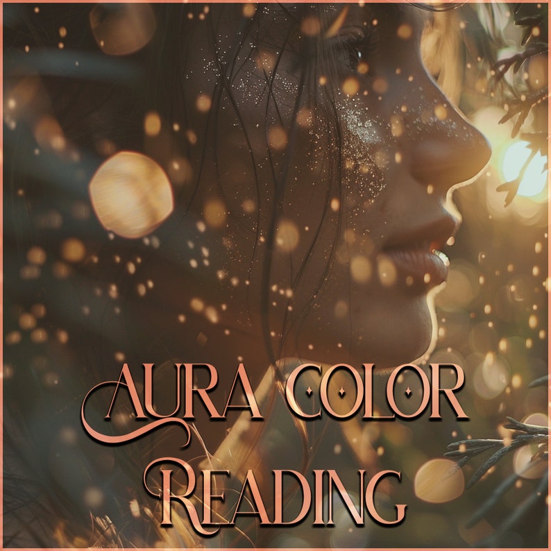Puede incluir: Se ve parcialmente el rostro de una mujer, con un fondo desenfocado. La imagen est&aacute; borrosa con un efecto bokeh, creando una atm&oacute;sfera de ensue&ntilde;o. El texto "AURA COLOR READING" est&aacute; superpuesto a la imagen.