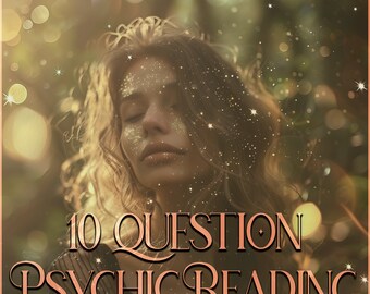 Puede incluir: Una mujer con los ojos cerrados y purpurina en la cara, con un fondo borroso de luces doradas y vegetación. El texto "10 QUESTION PSYCHIC READING" está superpuesto a la imagen.