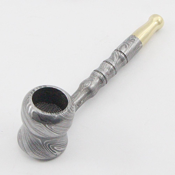 Handmade Damascus Steel Tobacco Smoking Pipe Vintage Gandalf Pipe Churchwarden Pipe with free Leather Sheath Premium Gift for Smokers