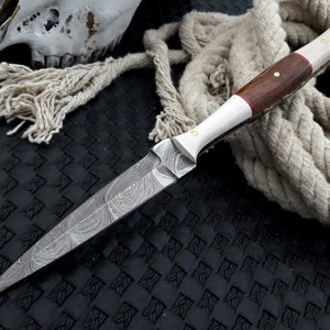 May include: A Damascus steel dagger with a patterned blade and a handle made of wood and bone. The handle has a dark wood centre with brass pins and a red accent. A coiled rope and a skull are in the background.