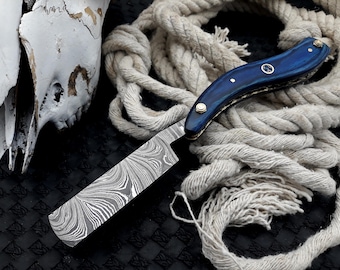 Handmade Damascus Straight Edge Razor Vintage Safety Razor Folding Pocket knife with Sheath and Koa Wood Handle Best Shaving Gift for Him