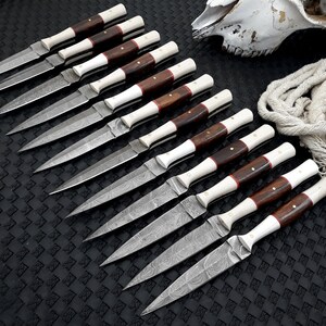 May include: Ten knives with patterned steel blades, dark wood handles, and white and red accents. The knives are arranged on a black surface, with a skull and rope in the background.