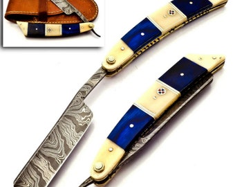 Handmade Damascus Straight Razor Wet Shave Folding Pocket Knife with Sheath + Dye Bone Handle with Mosaic Pins Shaving Gift for Men