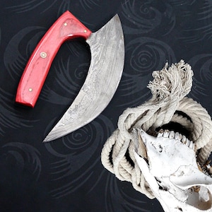 Handmade Damascus Alaskan Ulu Knife Inuit Traditional Curved Chopping knife with Sheath and Koa Wood Handle Gift for Professional Chef