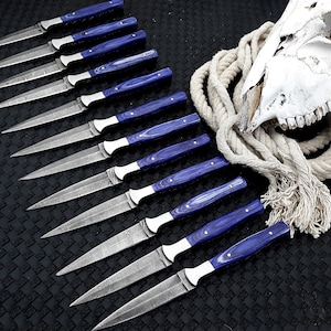 May include: A set of ten knives with blue handles and a Damascus steel blade. The knives are arranged in a row on a black surface.
