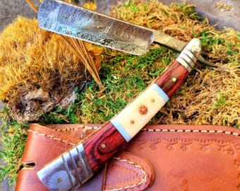 Vintage Damascus Steel Straight Razor Handmade Cut Throat Barber Salon Shaving Razor Pocket Knife with Sheath + Oak Wood Handle Gift for Him