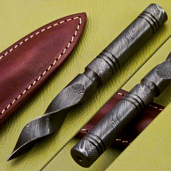 Handmade Damascus Tri Dagger Knife Kris Blade Throwing Knife Hand Forged Fixed Blade Hunting Knife with Sheath Best Gift for Him