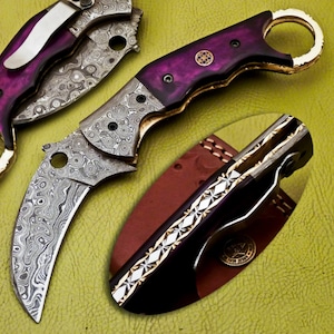 Handmade Damascus Karambit Knife Custom Pocket Folding Knife Outdoor Camp Hunting Knife with Leather Sheath Best Groomsmen Knife Gift