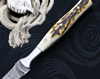 Handmade Damascus Kunai Throwing Knives – Hand-Forged Ninja Knives with Stag Horn Handle, Gifts for Men, Groomsmen, and Wedding