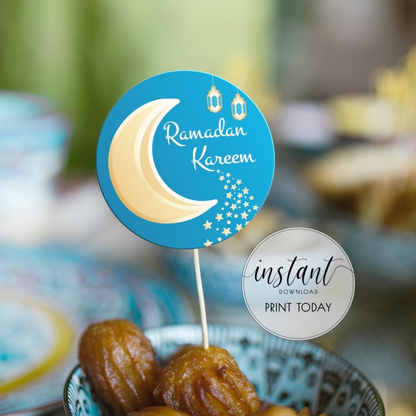 Ramadan Kareem Sticker | Blue | Moon | Ramadan | Eid Al Fitr | islamic gift | Cake Topper | Kids Etikets | 50mm | Digital Download PDF