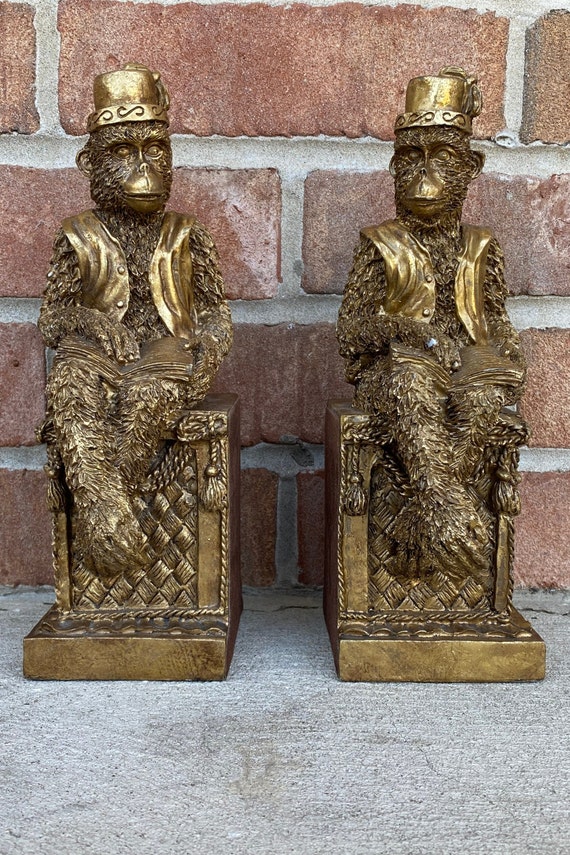 Vintage Golden Monkey Bookends Reading Home Decor Unique Etsy